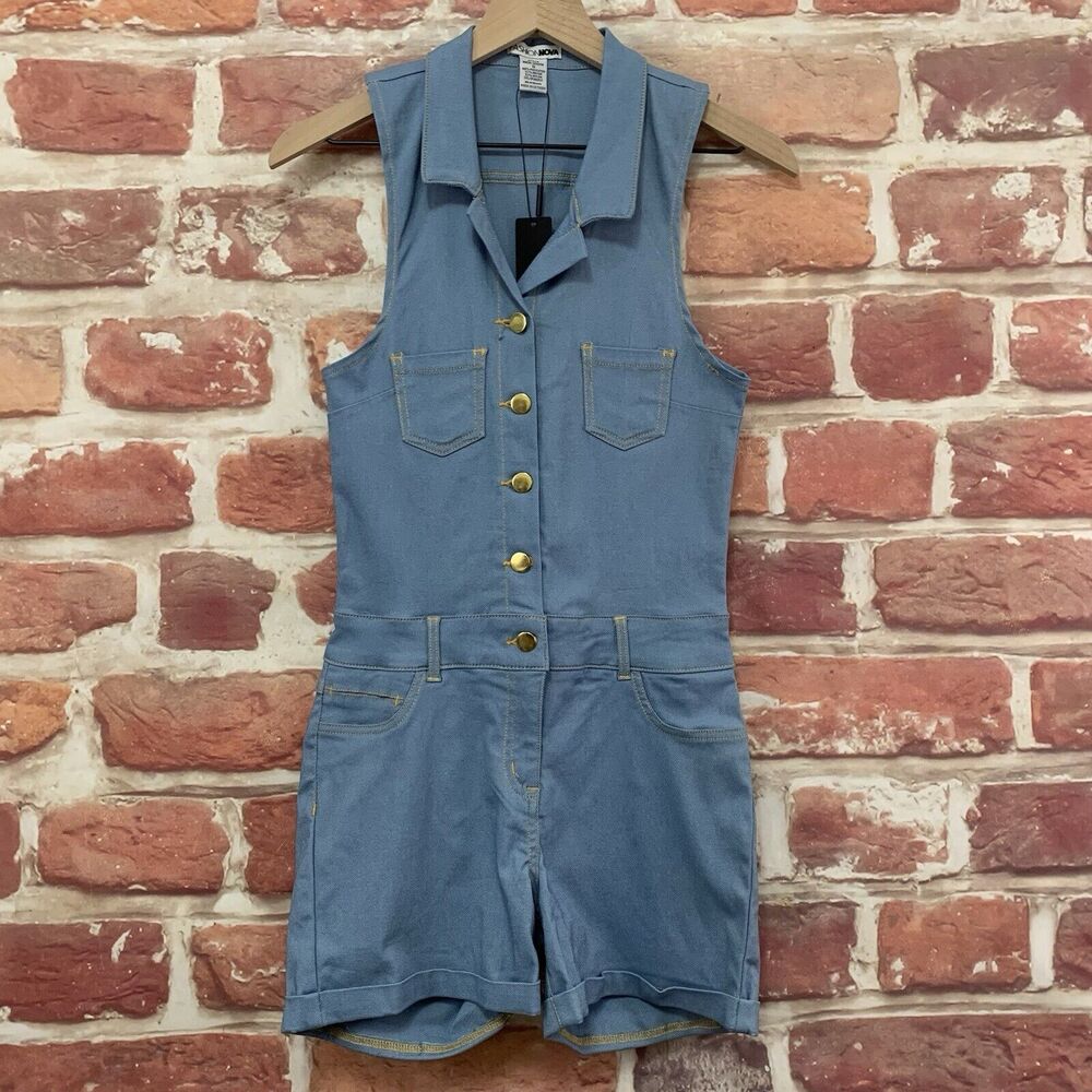 Fashion Nova Look At You Super Stretch Shorts Romper Womens Small Blue Button Up